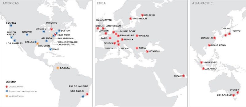 Equinix to expand footprint of 24 new data center sites containing 29 data center buildings, across 15 metro areas including 3 new metros of Bogatà, Houston and Culpeper, VA. (PRNewsFoto/Equinix, Inc.)