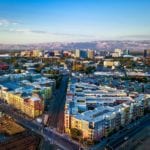 Aerial view of sunset over downtown San Jose in California